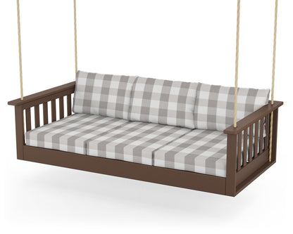 POLYWOOD® Vineyard Daybed Swing in Mahogany / Buffalo Plaid Grey Mist