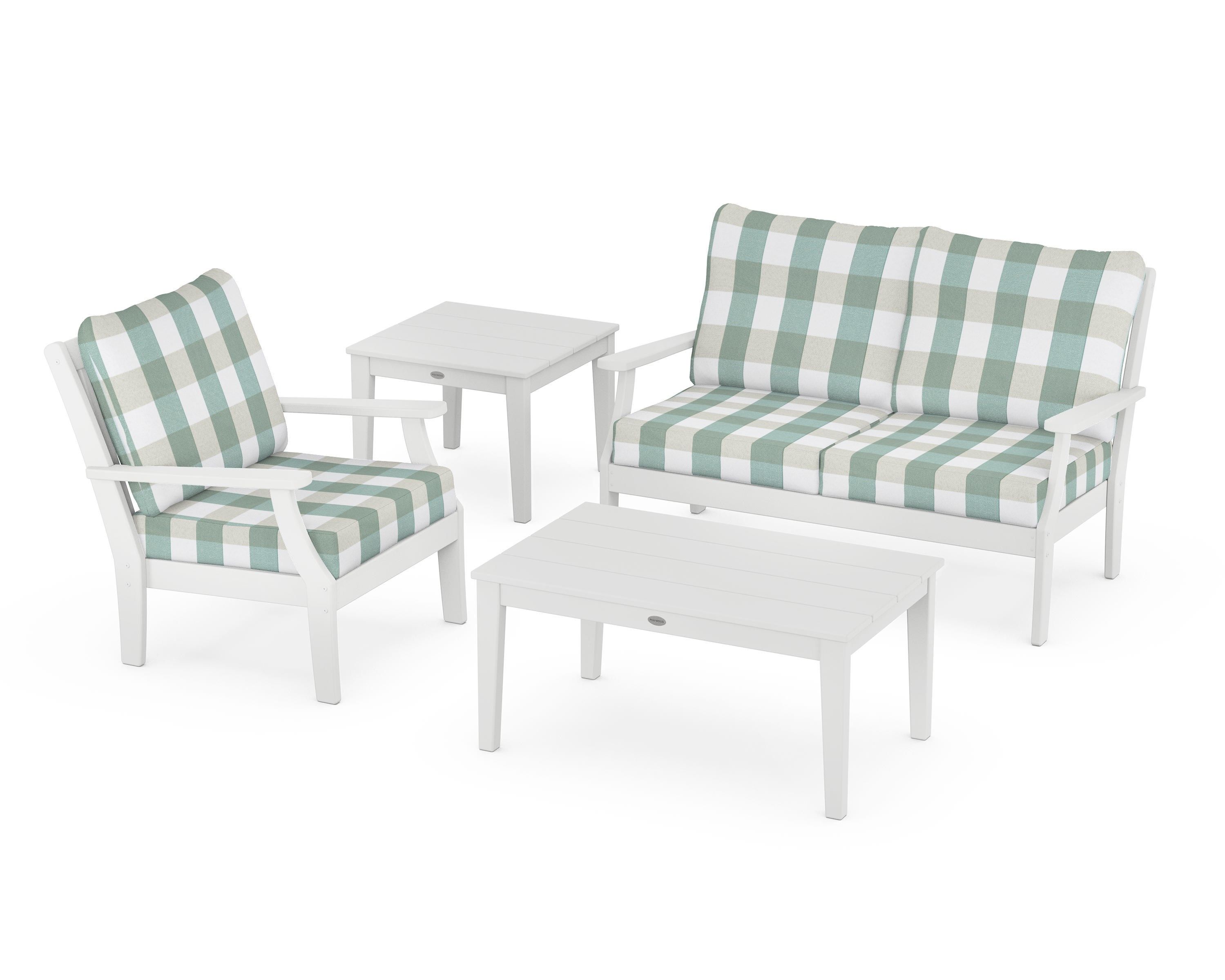 POLYWOOD® Braxton 4-Piece Deep Seating Set in White / Buffalo Plaid Glacier Spa
