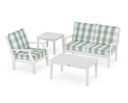 POLYWOOD® Braxton 4-Piece Deep Seating Set in White / Buffalo Plaid Glacier Spa