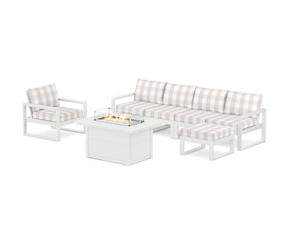 POLYWOOD® EDGE Sectional Lounge and Fire Pit Set in White / Buffalo Plaid Dune Burlap