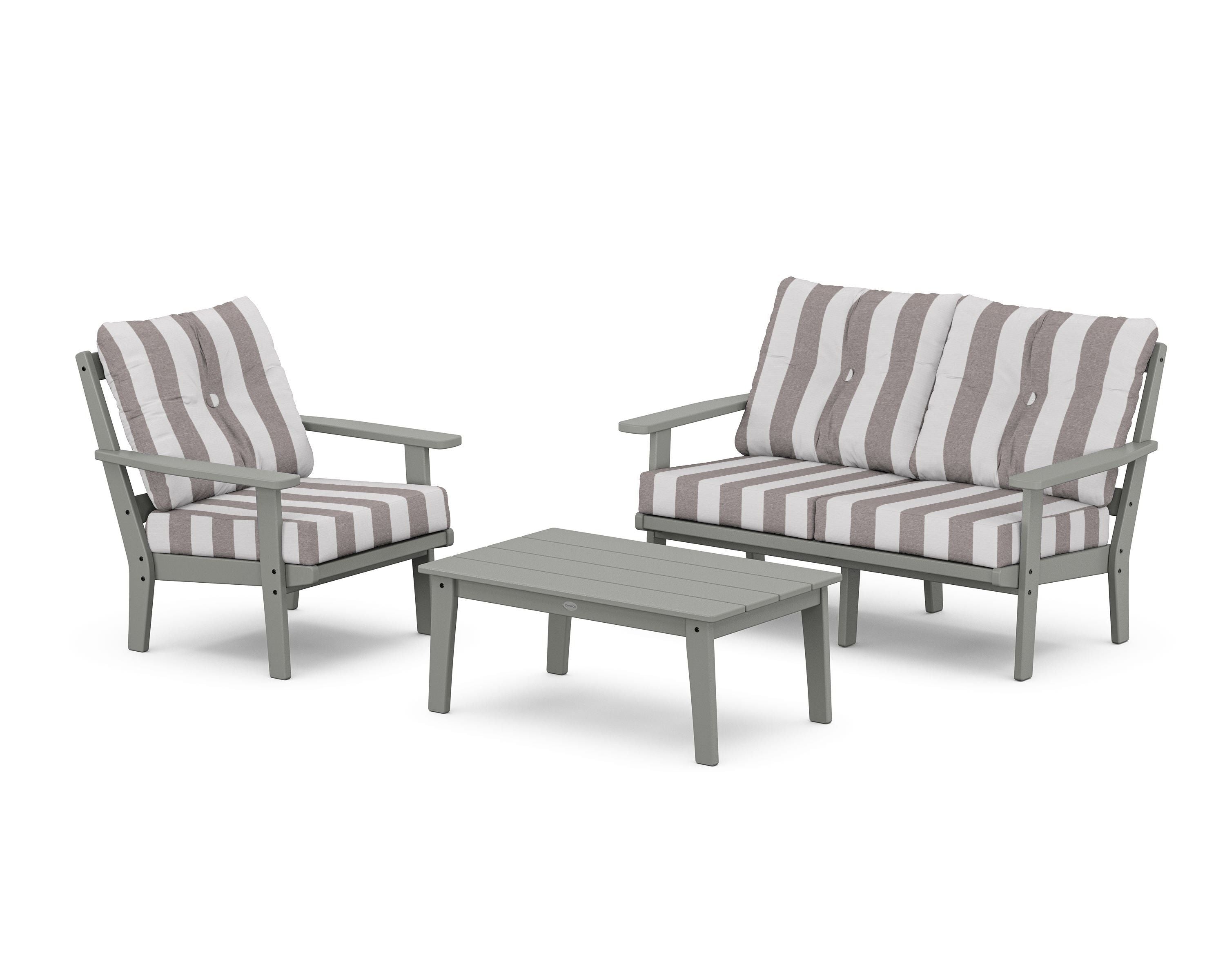 POLYWOOD® Prairie 3-Piece Deep Seating Set with Loveseat in Slate Grey / Cabana Stripe Grey Mist