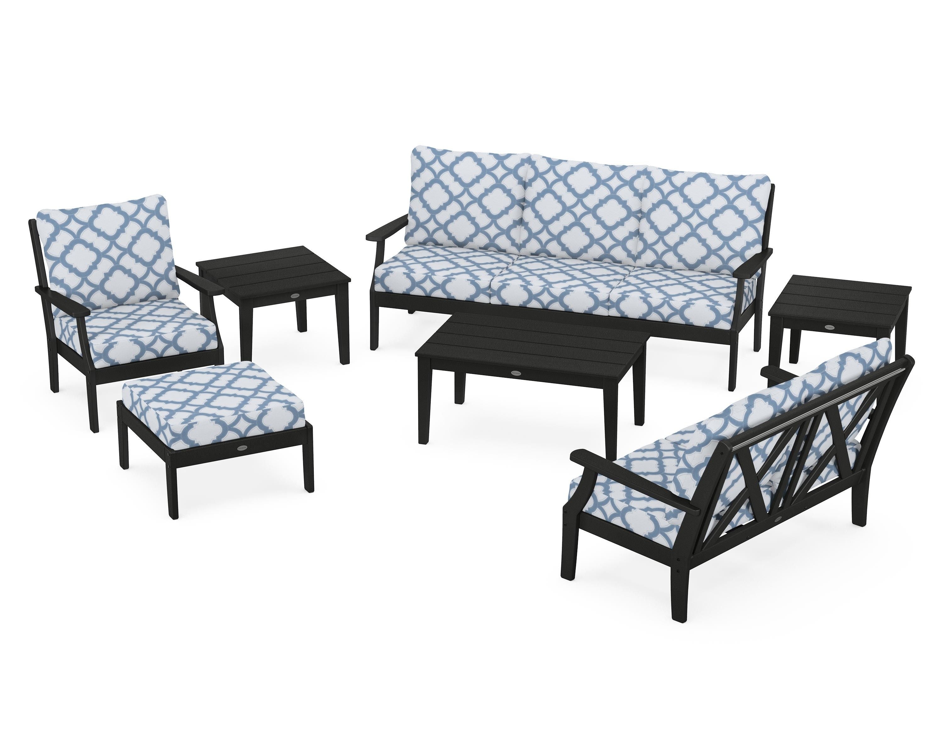POLYWOOD® Braxton 7-Piece Deep Seating Set in Black / Trellis Sky Blue