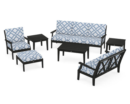 POLYWOOD® Braxton 7-Piece Deep Seating Set in Black / Trellis Sky Blue