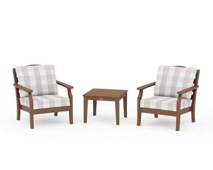 Draper James™ by  POLYWOOD® Savannah 3-Piece Deep Seating Set in Teak / Buffalo Plaid Dune Burlap