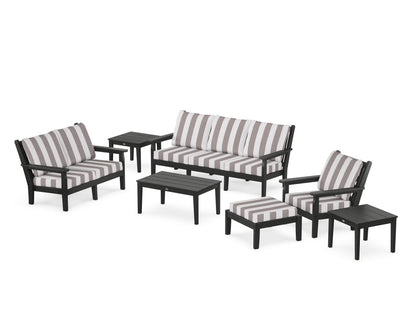 POLYWOOD® Chippendale 7-Piece Deep Seating Set in Black / Cabana Stripe Grey Mist