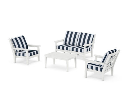 POLYWOOD® Chippendale 4-Piece Deep Seating Set with Loveseat in White / Cabana Stripe Marine Indigo