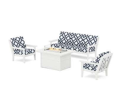 Country Living Cottage Deep Seating Fire Pit Table Set in White / Trellis Marine Indigo