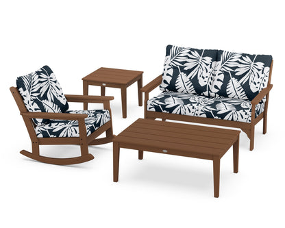 POLYWOOD® Vineyard 4-Piece Deep Seating Rocker Set in Teak / Leaf Marine Indigo