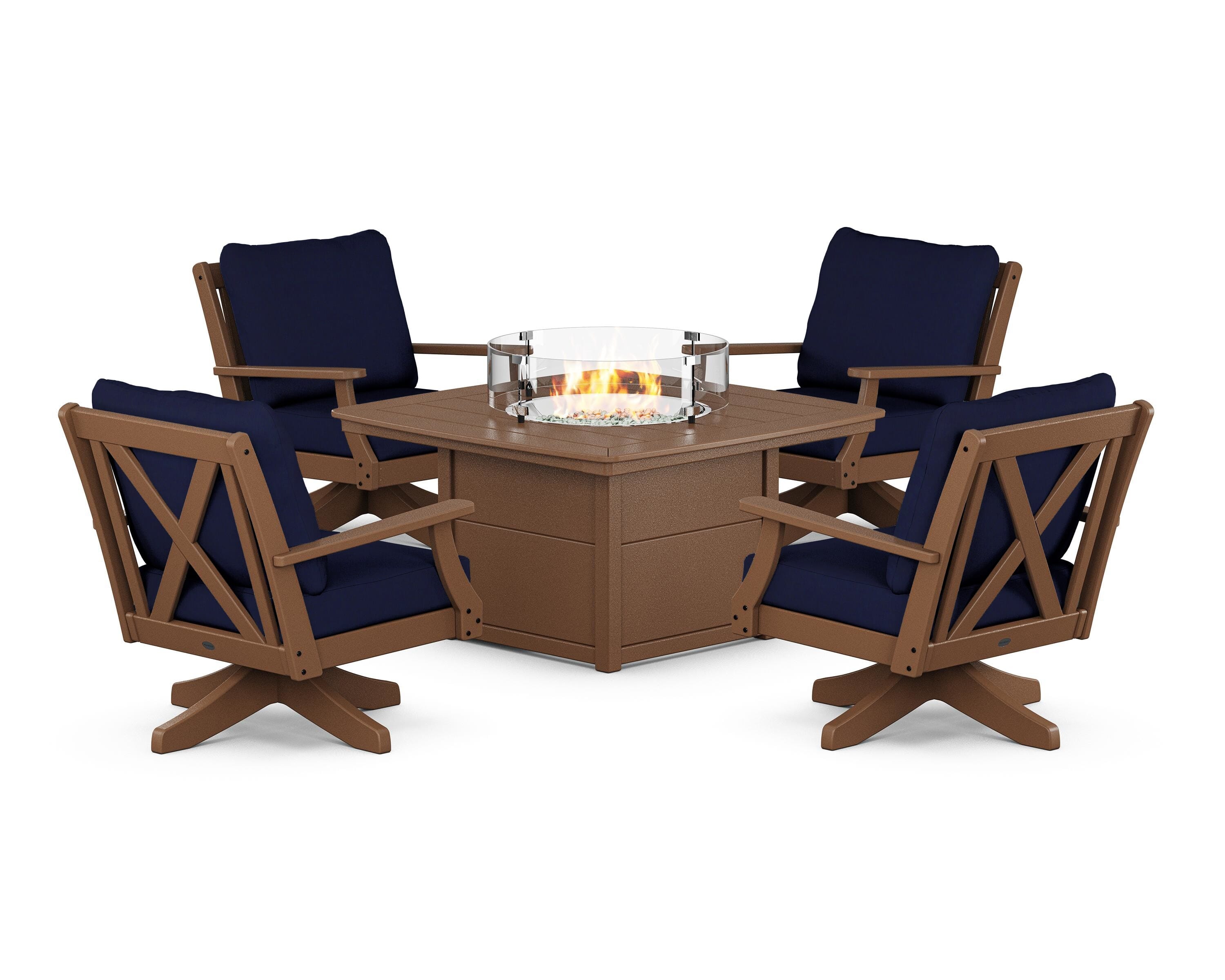POLYWOOD® Braxton 5-Piece Deep Seating Swivel Conversation Set with Fire Pit Table in Teak / Navy