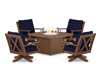 POLYWOOD® Braxton 5-Piece Deep Seating Swivel Conversation Set with Fire Pit Table in Teak / Navy