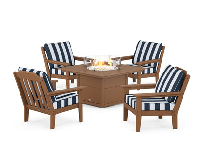 Country Living Cottage 5-Piece Deep Seating Set with Fire Pit Table in Teak / Cabana Stripe Marine Indigo
