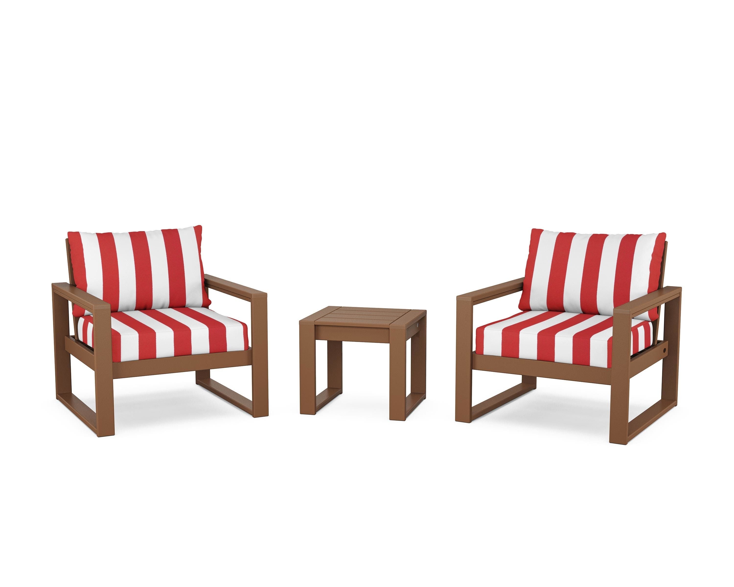 POLYWOOD® EDGE Sectional 3-Piece Deep Seating Set in Teak / Cabana Stripe Crimson