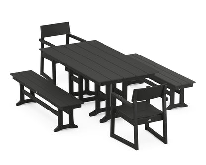 POLYWOOD® EDGE 5-Piece Farmhouse Dining Set with Benches in Black