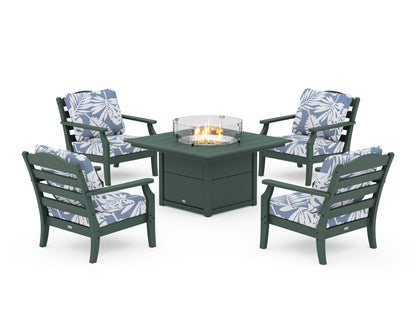 Draper James™ by  POLYWOOD® Savannah 5-Piece Deep Seating Set with Fire Pit Table in Green / Leaf Sky Blue