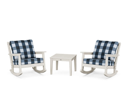 POLYWOOD® Chippendale 3-Piece Deep Seating Rocker Set in Sand / Buffalo Plaid Marine Indigo