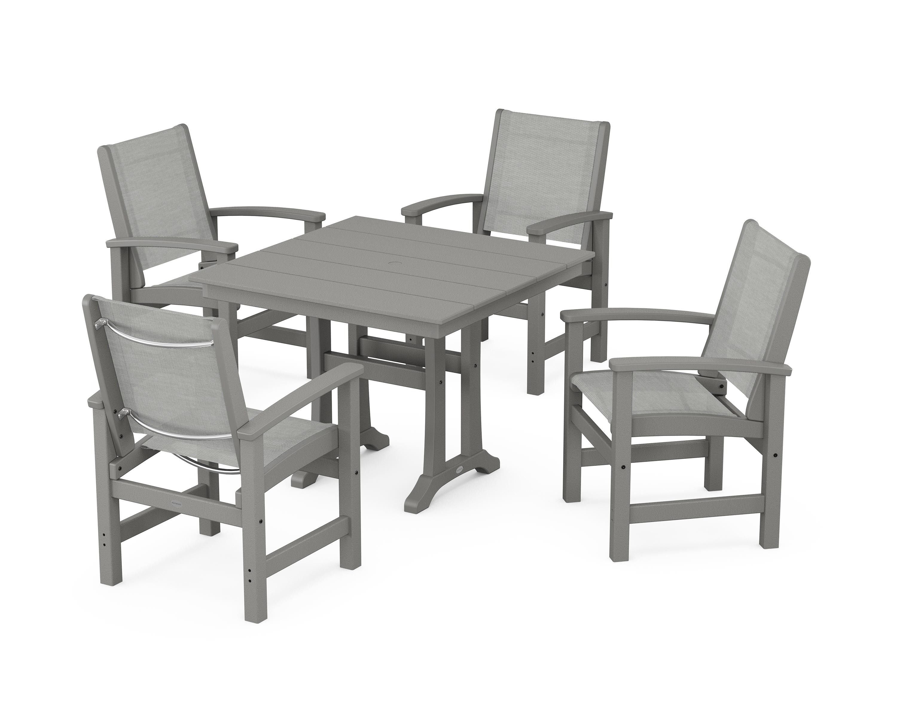 POLYWOOD® Coastal 5-Piece Farmhouse Dining Set With Trestle Legs in Slate Grey / Metallic Sling