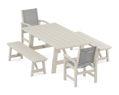 POLYWOOD® Coastal 5-Piece Rustic Farmhouse Dining Set With Benches in Sand / Metallic Sling