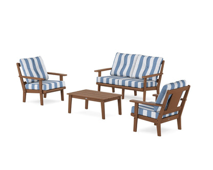 POLYWOOD® Prairie 4-Piece Deep Seating Set with Loveseat in Teak / Cabana Stripe Sky Blue