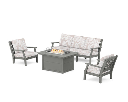 Martha Stewart by POLYWOOD® Chinoiserie Deep Seating Fire Pit Table Set in Slate Grey / Leaf Dune Burlap