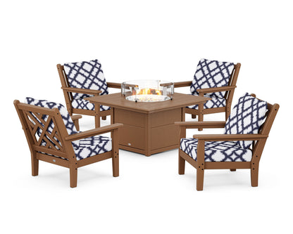 POLYWOOD® Chippendale 5-Piece Deep Seating Set with Fire Pit Table in Teak / Trellis Navy