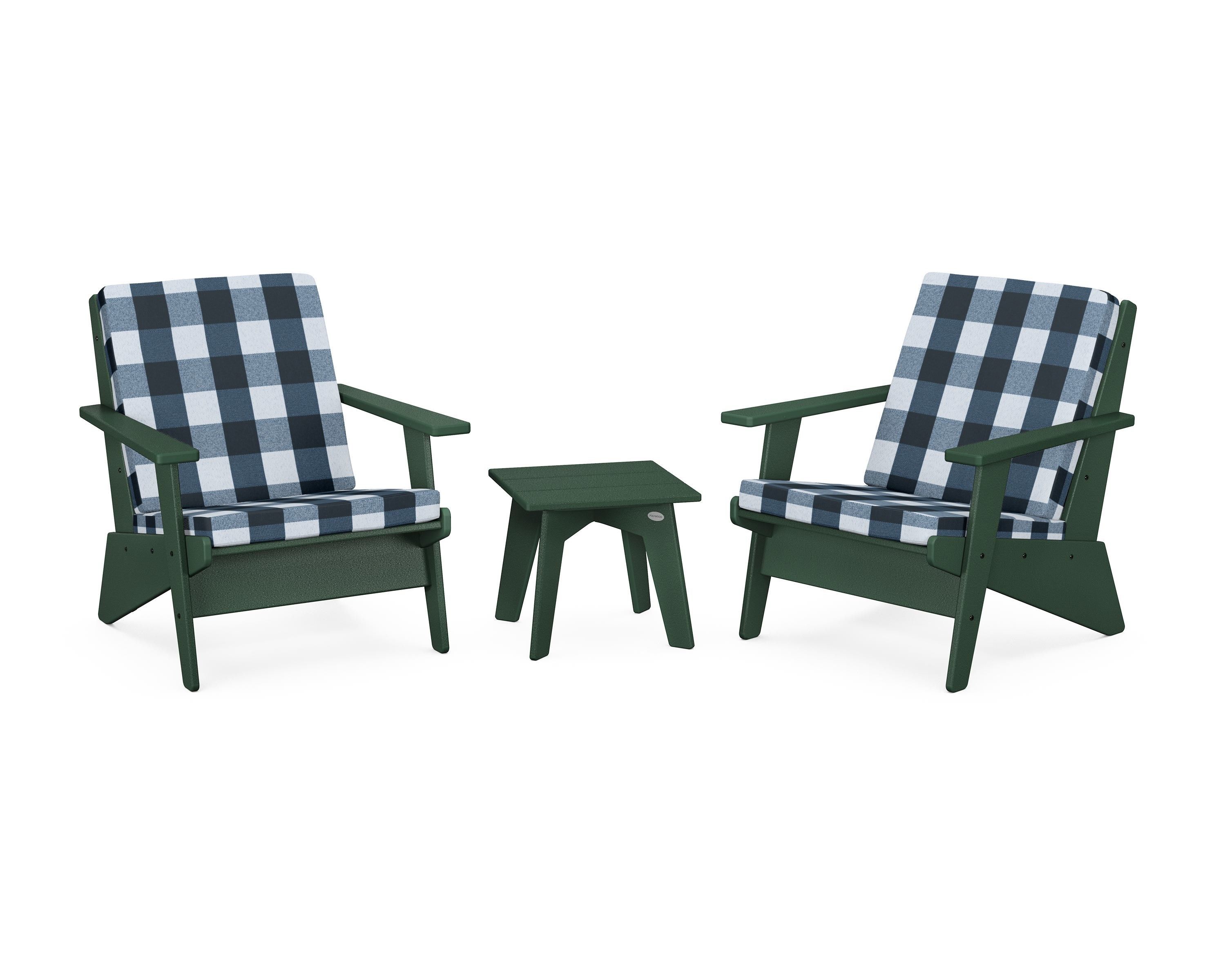 POLYWOOD® Riviera Modern Lounge 3-Piece Set in Green / Buffalo Plaid Marine Indigo