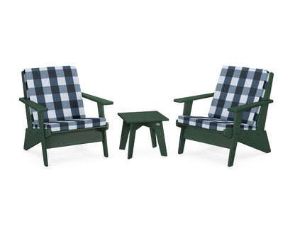 POLYWOOD® Riviera Modern Lounge 3-Piece Set in Green / Buffalo Plaid Marine Indigo