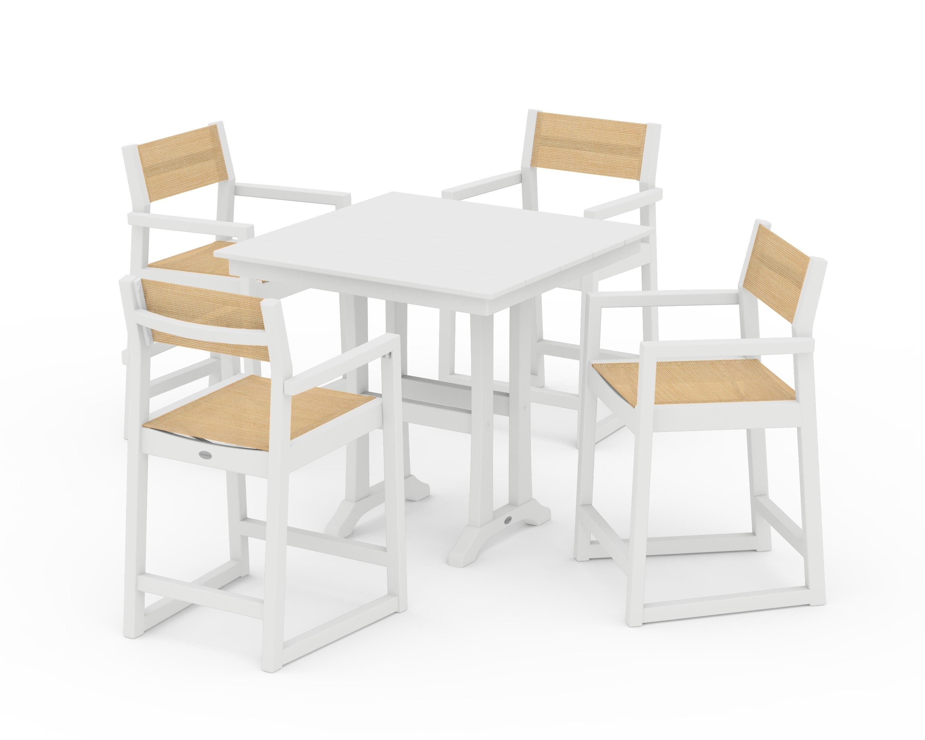 POLYWOOD® EDGE Sling Arm Chair 5-Piece Farmhouse Counter Set with Trestle Legs in White / Dupioni Apricot Sling