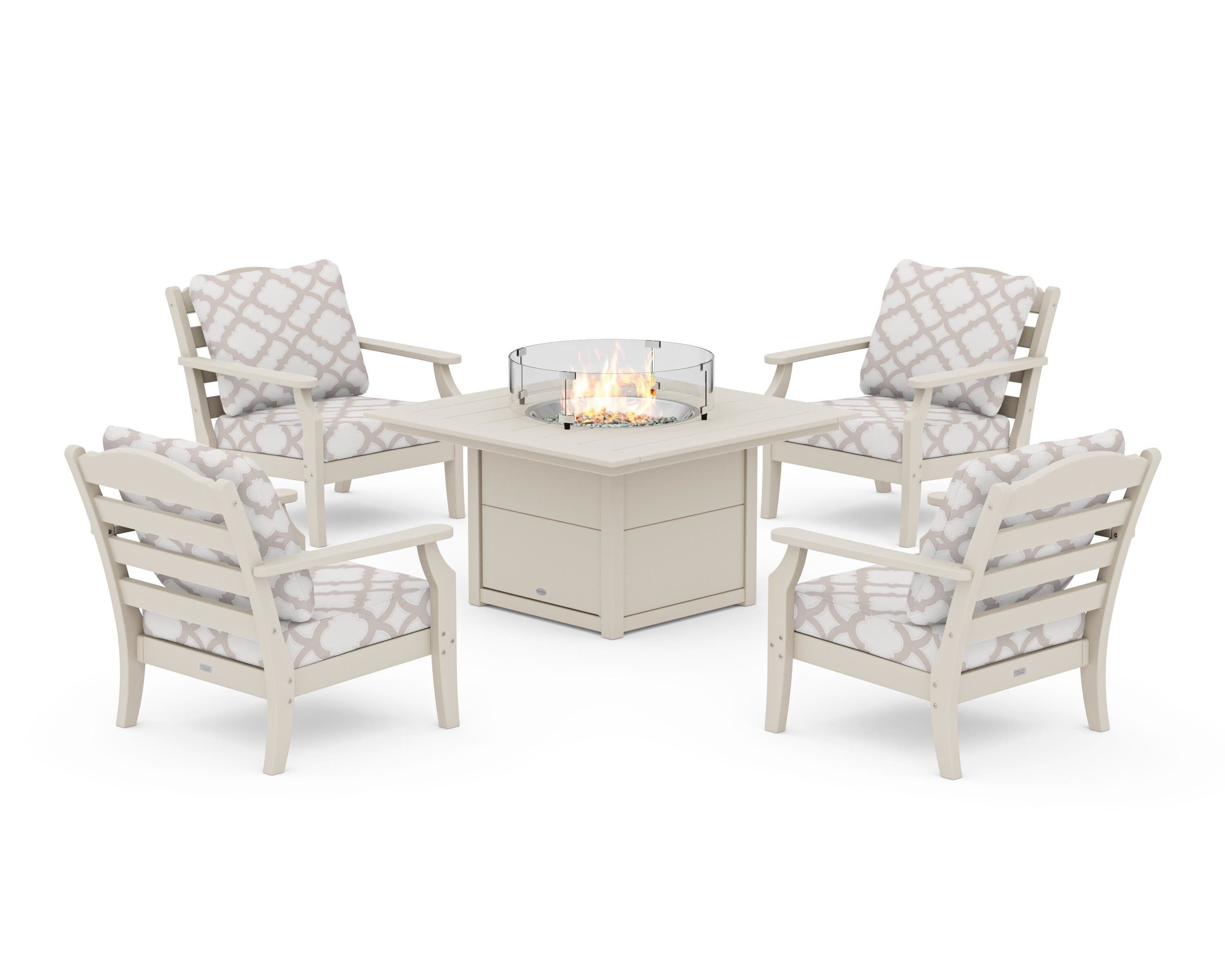 Draper James™ by  POLYWOOD® Savannah 5-Piece Deep Seating Set with Fire Pit Table in Sand / Trellis Dune Burlap