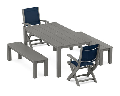 POLYWOOD® Coastal Folding Chair 5-Piece Parsons Dining Set with Benches in Slate Grey / Navy Blue Sling
