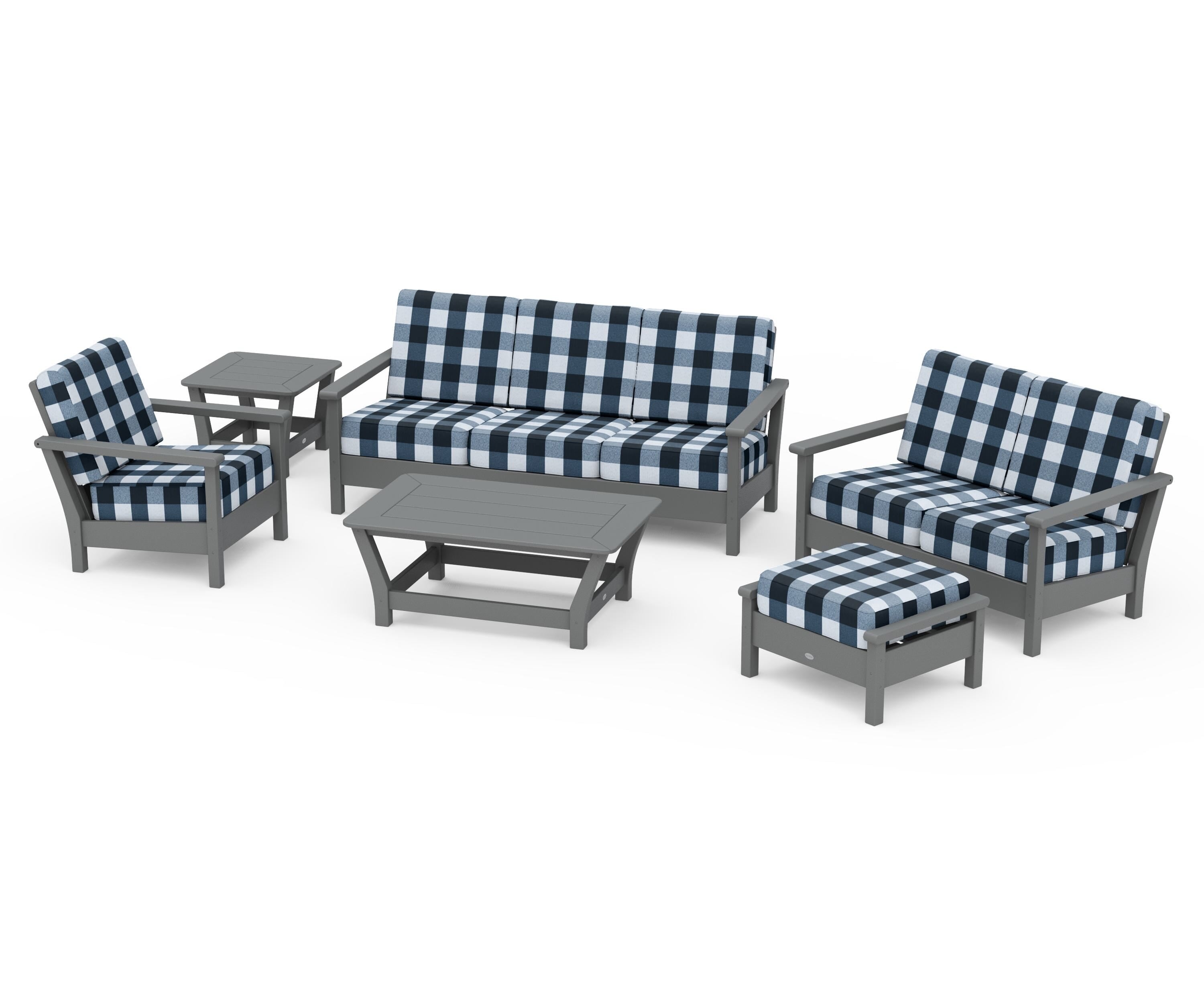 POLYWOOD® Harbour 6-Piece Outdoor Living Set in Slate Grey / Buffalo Plaid Marine Indigo