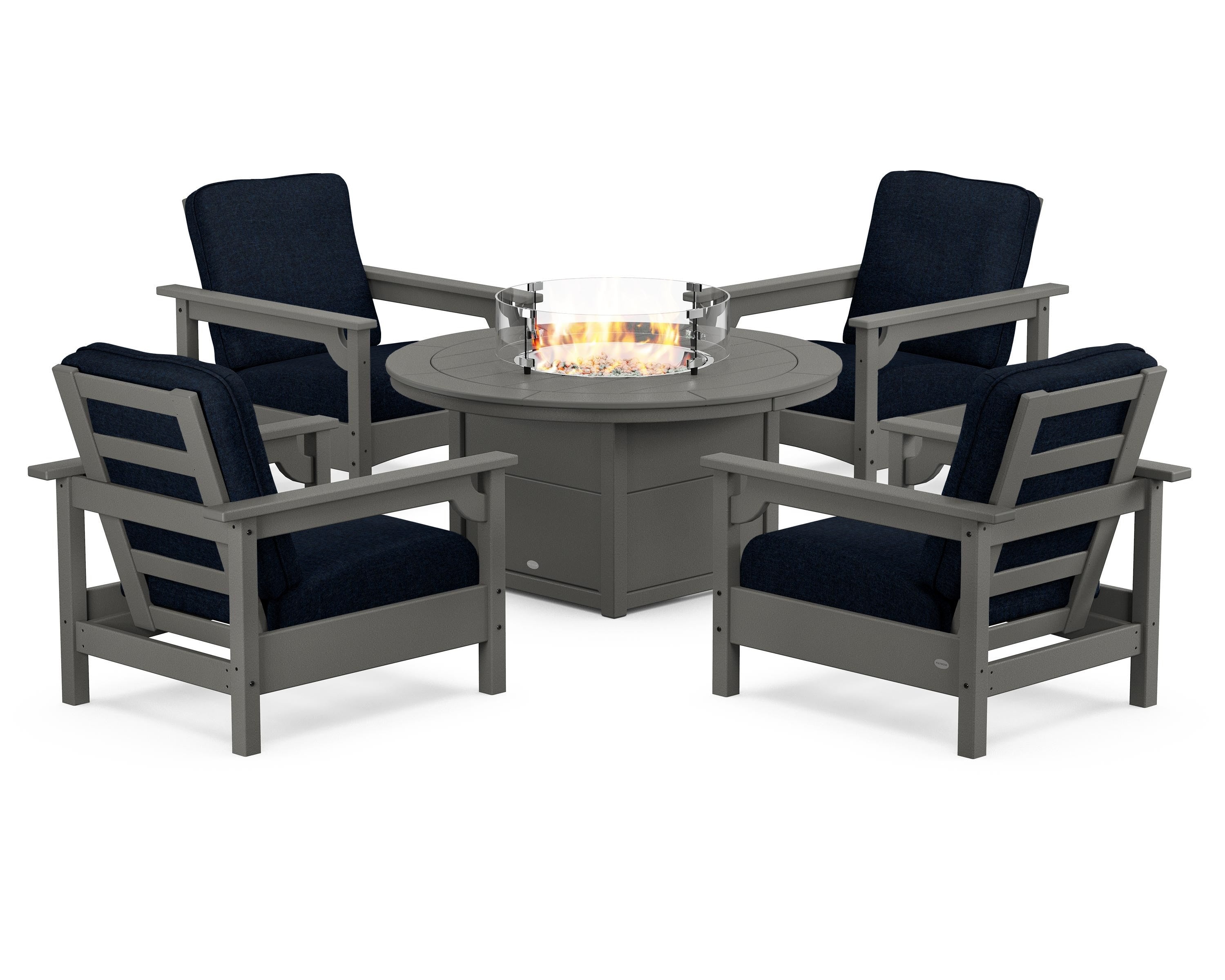 POLYWOOD® Club 5-Piece Conversation Set with Fire Pit Table in Slate Grey / Marine Indigo