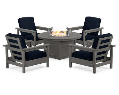 POLYWOOD® Club 5-Piece Conversation Set with Fire Pit Table in Slate Grey / Marine Indigo