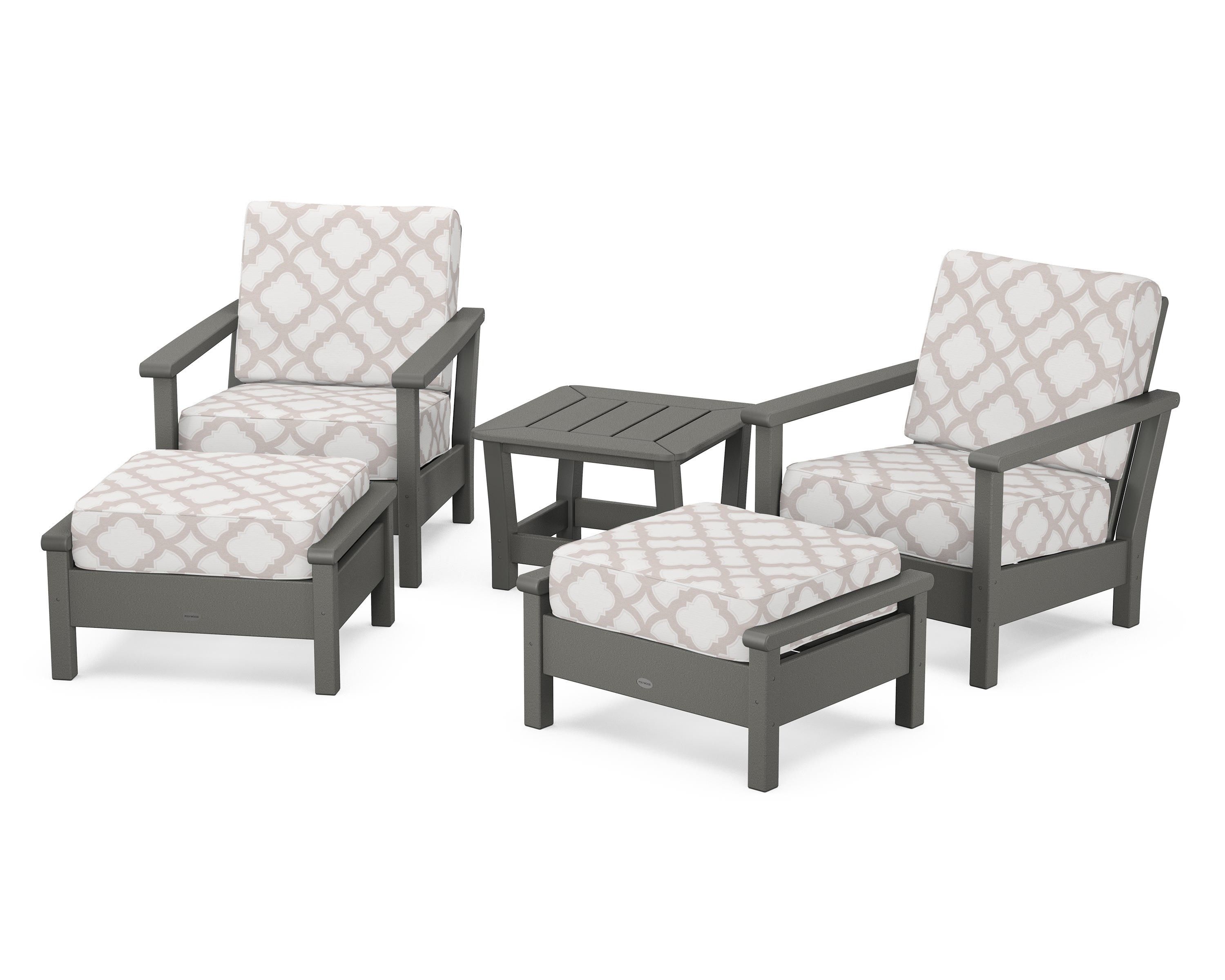 POLYWOOD® Harbour 5-Piece Deep Seating Chair Set in Slate Grey / Trellis Dune Burlap