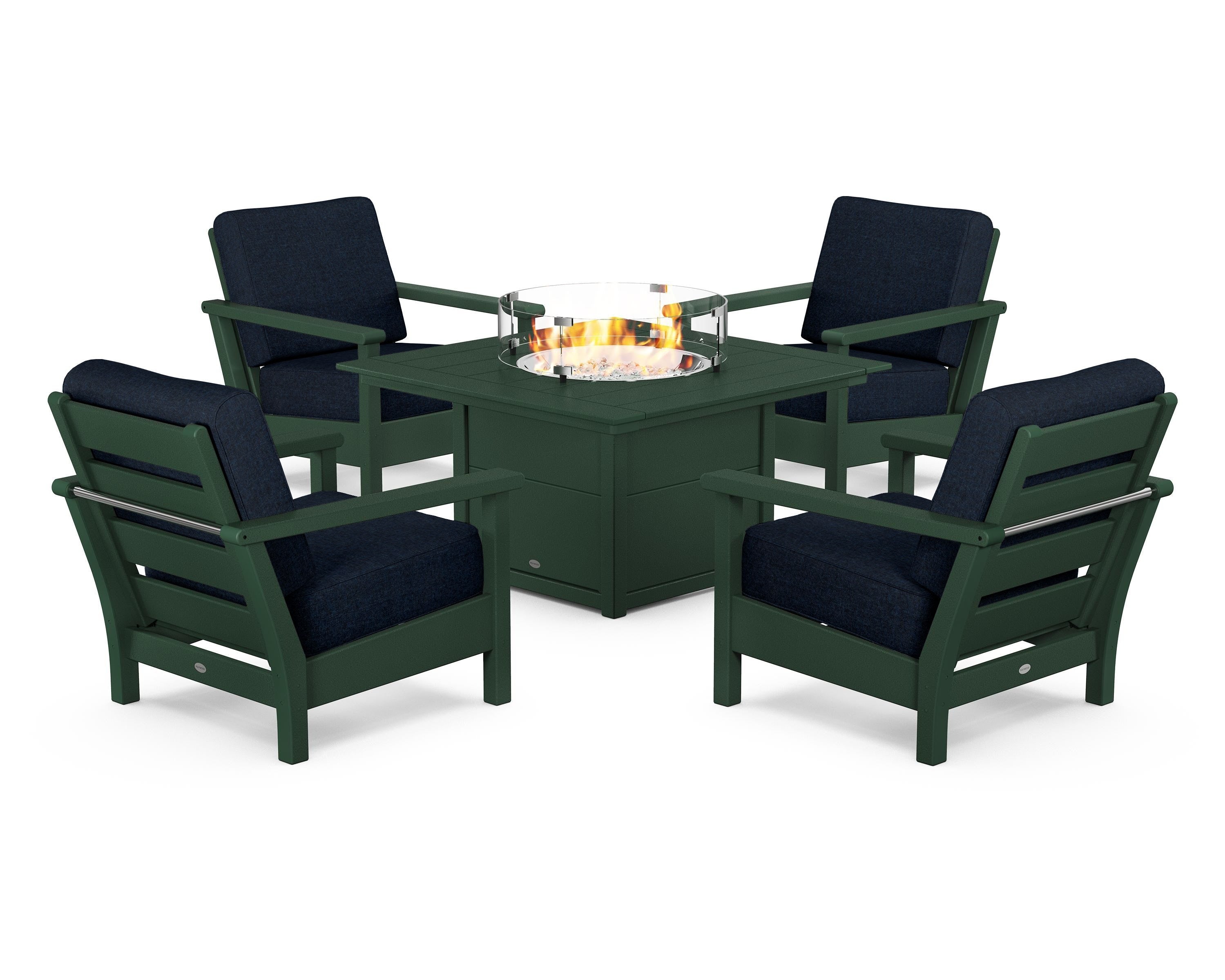POLYWOOD® Harbour 5-Piece Conversation Set with Fire Pit Table in Green / Marine Indigo