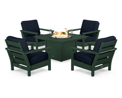 POLYWOOD® Harbour 5-Piece Conversation Set with Fire Pit Table in Green / Marine Indigo