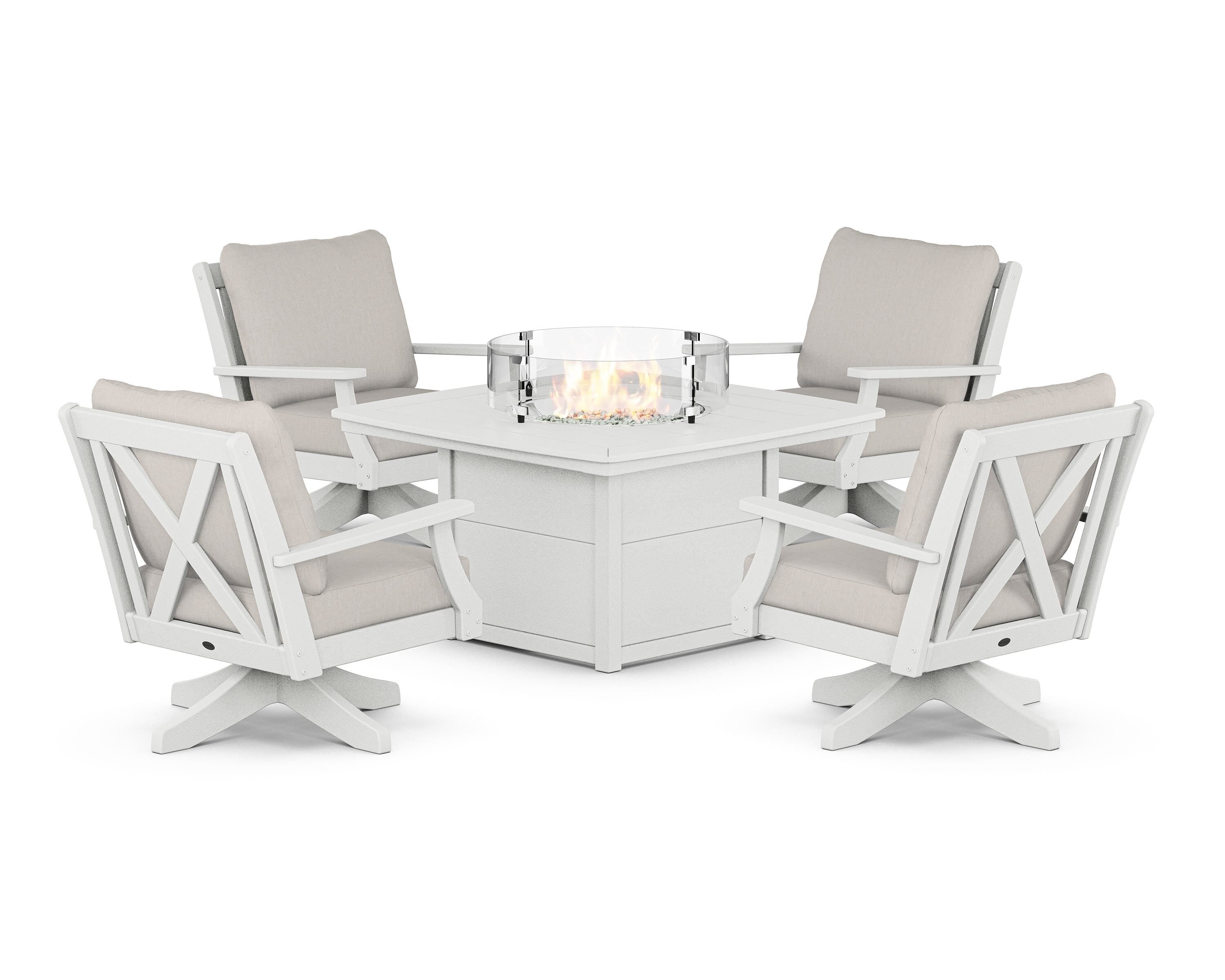 POLYWOOD® Braxton 5-Piece Deep Seating Swivel Conversation Set with Fire Pit Table in Vintage White / Cast Ash