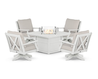 POLYWOOD® Braxton 5-Piece Deep Seating Swivel Conversation Set with Fire Pit Table in Vintage White / Cast Ash