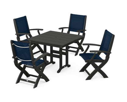 POLYWOOD® Coastal Folding Chair 5-Piece Farmhouse Dining Set in Black / Navy Blue Sling