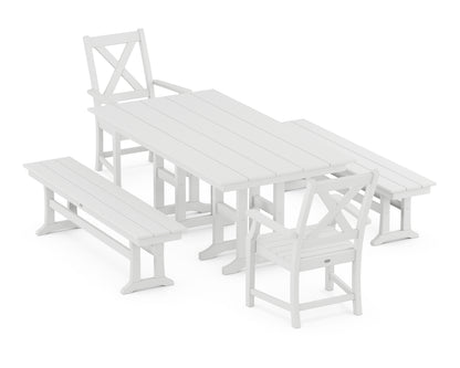 POLYWOOD® Braxton 5-Piece Farmhouse Dining Set with Benches in White