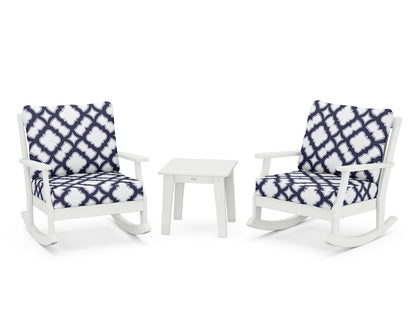 POLYWOOD® Braxton 3-Piece Deep Seating Rocker Set in White / Trellis Navy