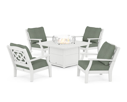 Martha Stewart by POLYWOOD® Chinoiserie 5-Piece Deep Seating Set with Fire Pit Table in White / Cast Sage