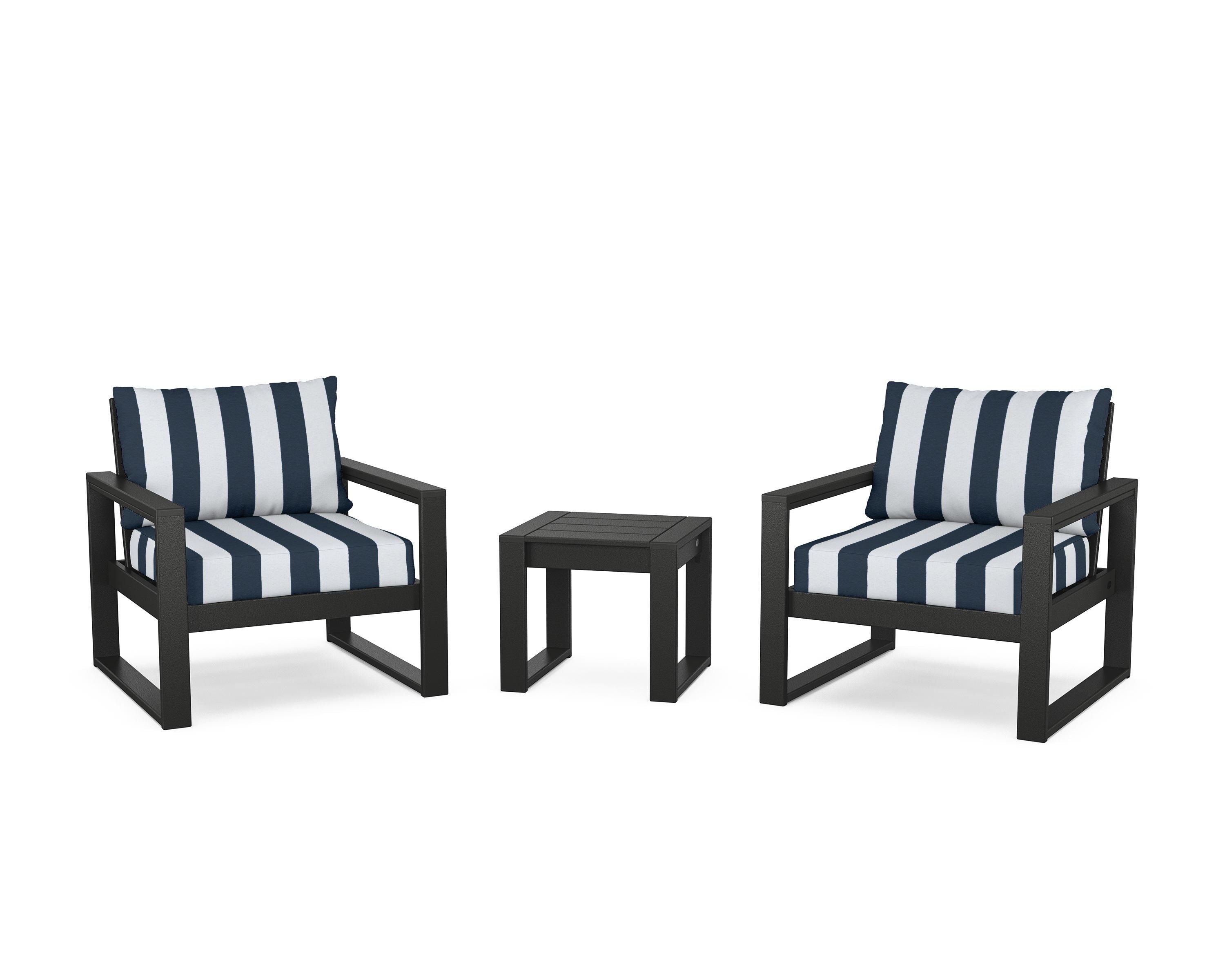 POLYWOOD® EDGE Sectional 3-Piece Deep Seating Set in Black / Cabana Stripe Marine Indigo