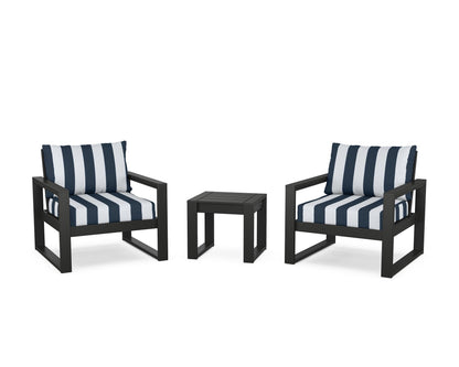 POLYWOOD® EDGE Sectional 3-Piece Deep Seating Set in Black / Cabana Stripe Marine Indigo