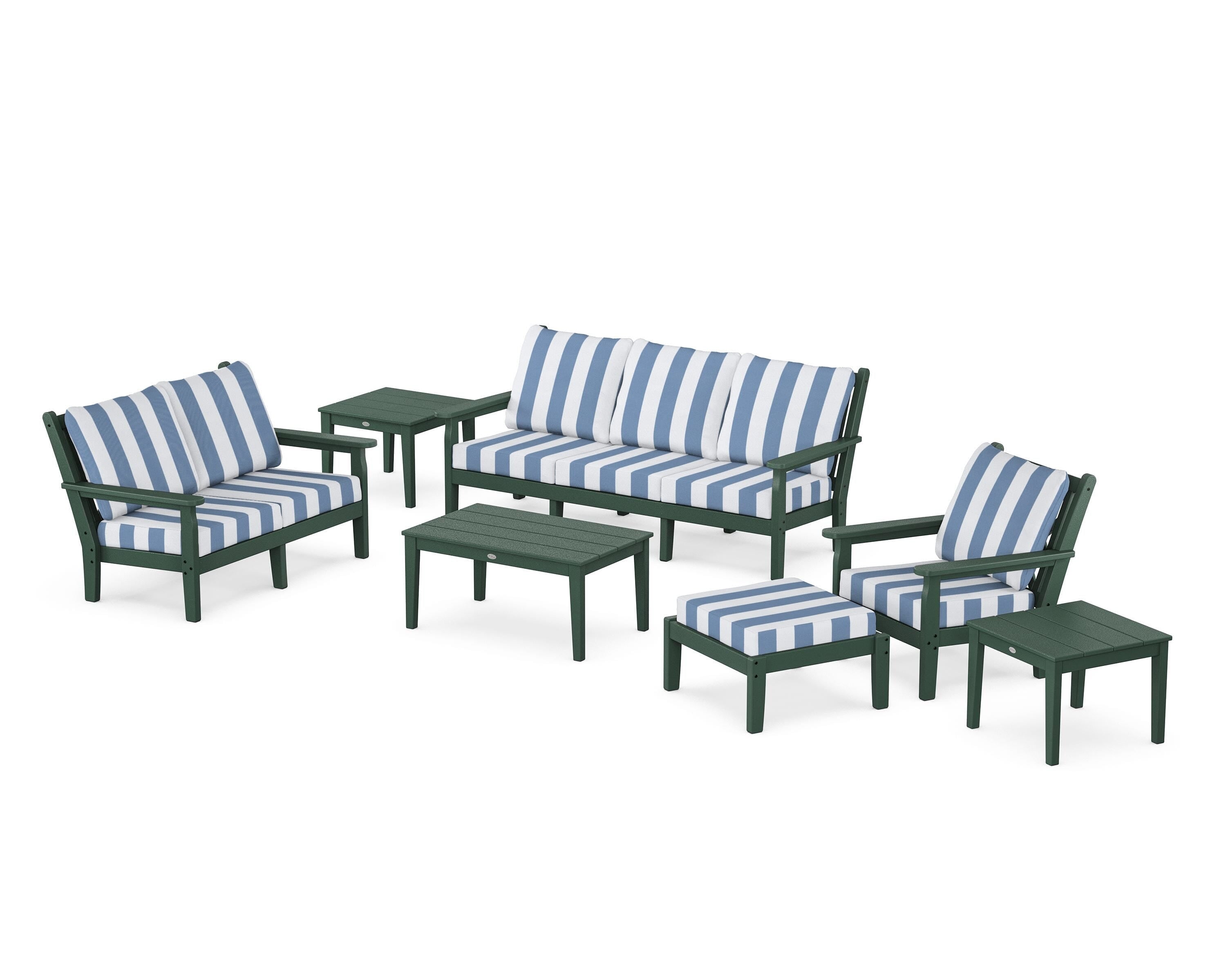 POLYWOOD® Chippendale 7-Piece Deep Seating Set in Green / Cabana Stripe Sky Blue