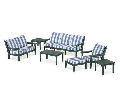 POLYWOOD® Chippendale 7-Piece Deep Seating Set in Green / Cabana Stripe Sky Blue