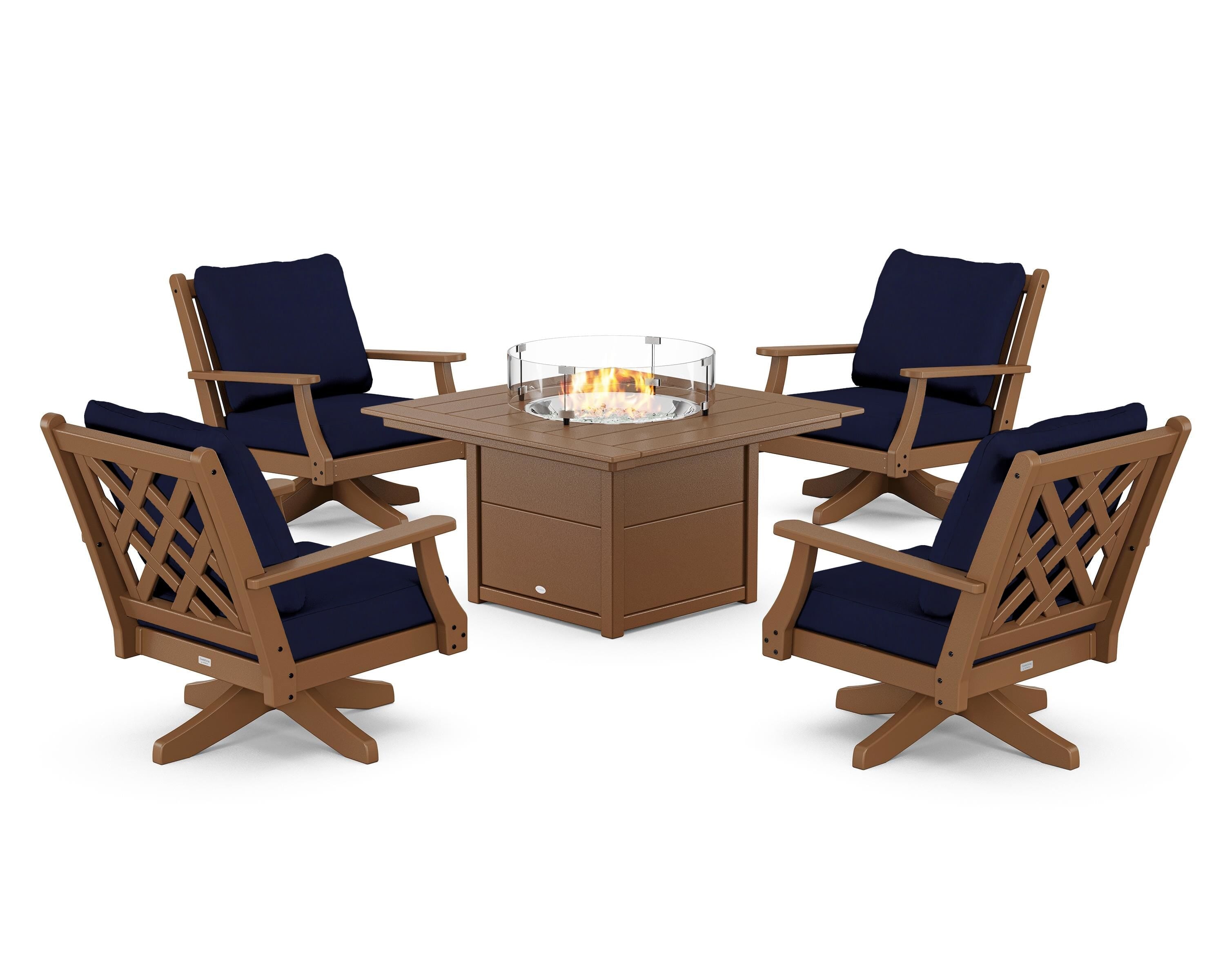 Country Living Wovendale 5-Piece Deep Seating Swivel Conversation Set with Fire Pit Table in Teak / Navy
