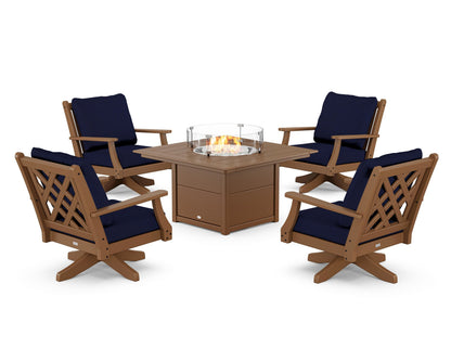 Country Living Wovendale 5-Piece Deep Seating Swivel Conversation Set with Fire Pit Table in Teak / Navy