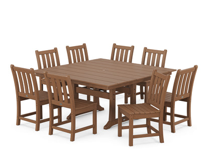POLYWOOD® Traditional Garden 9-Piece Farmhouse Trestle Dining Set in Teak