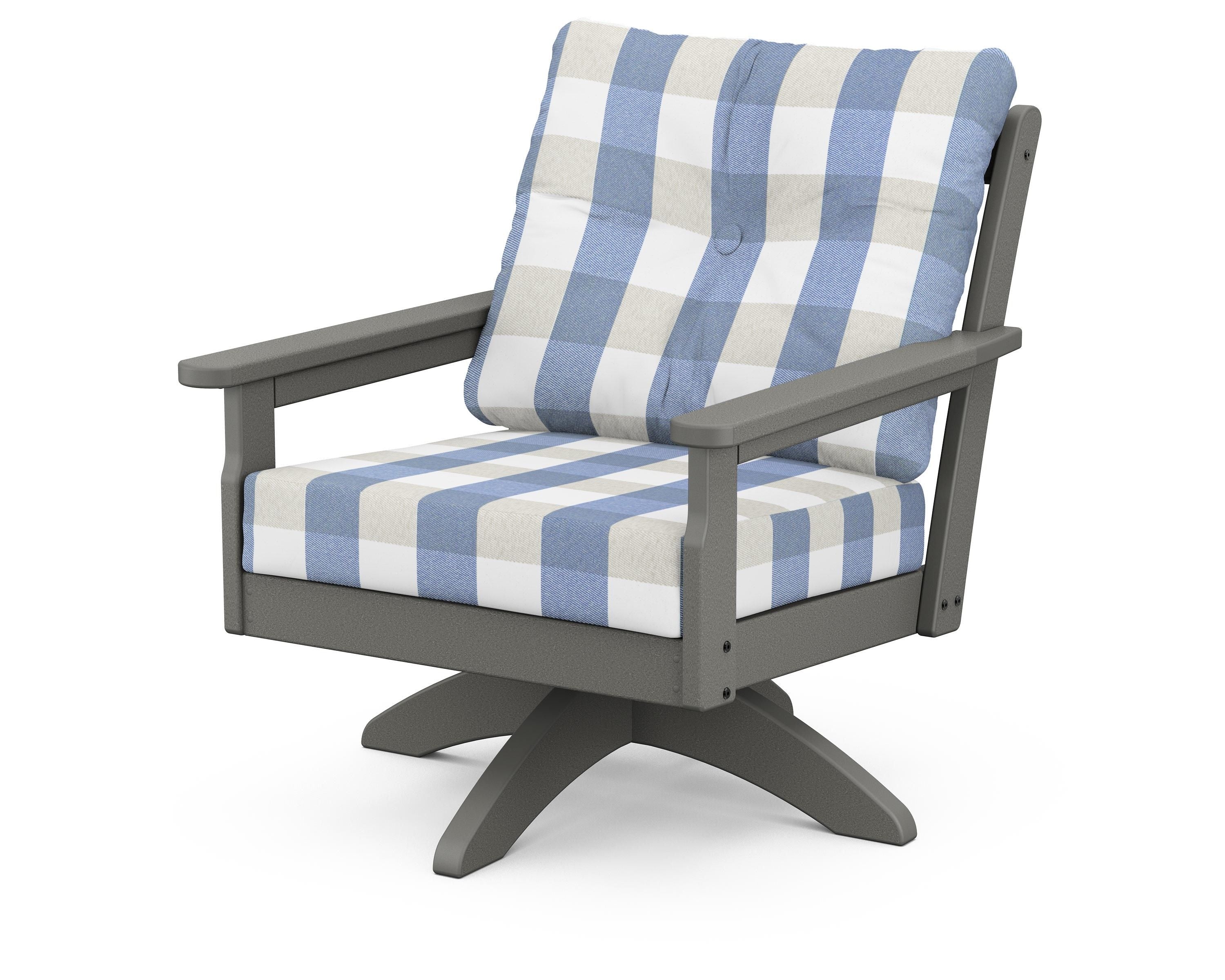 POLYWOOD® Vineyard Deep Seating Swivel Chair in Slate Grey / Buffalo Plaid Sky Blue