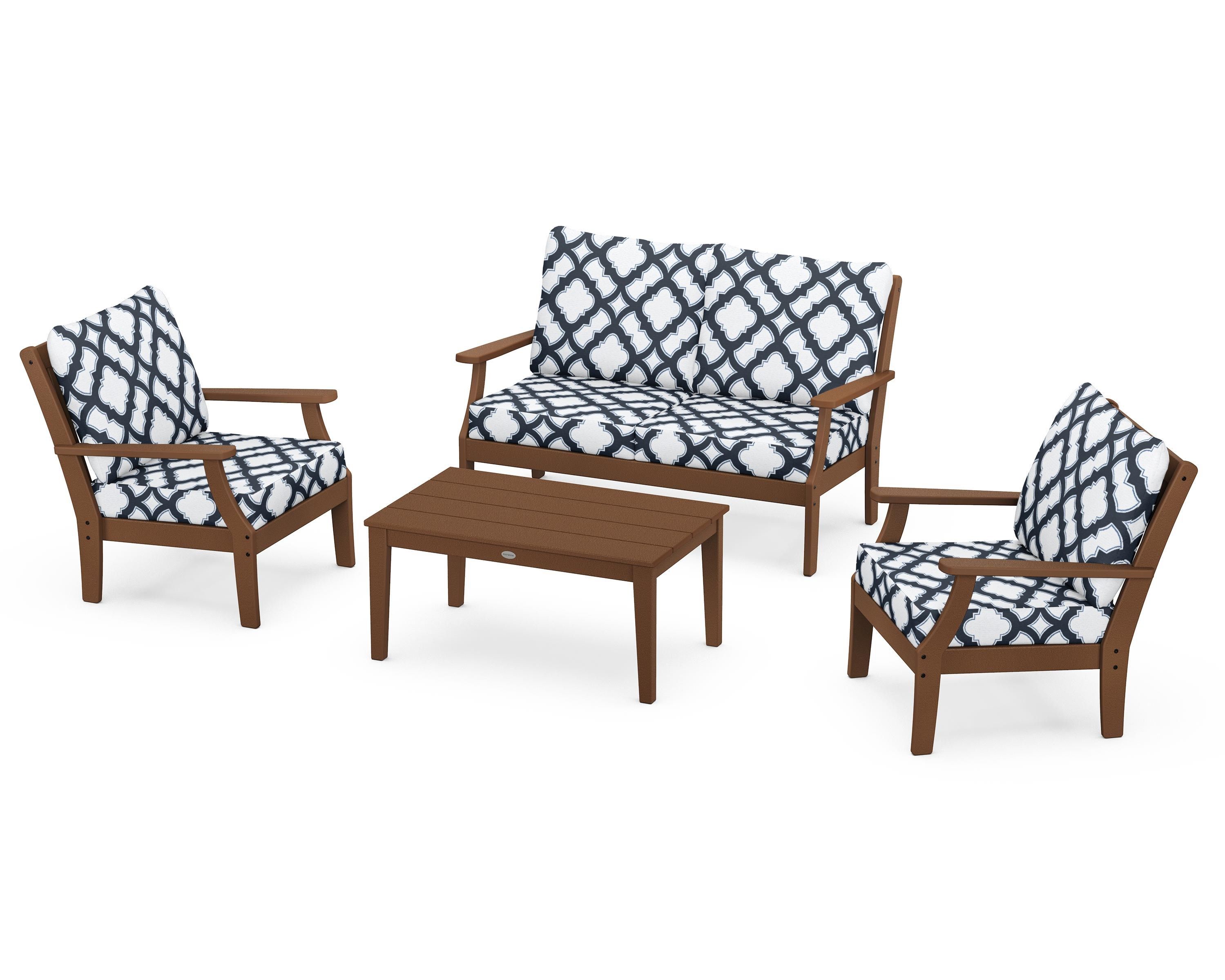 POLYWOOD® Braxton 4-Piece Deep Seating Chair Set in Teak / Trellis Marine Indigo